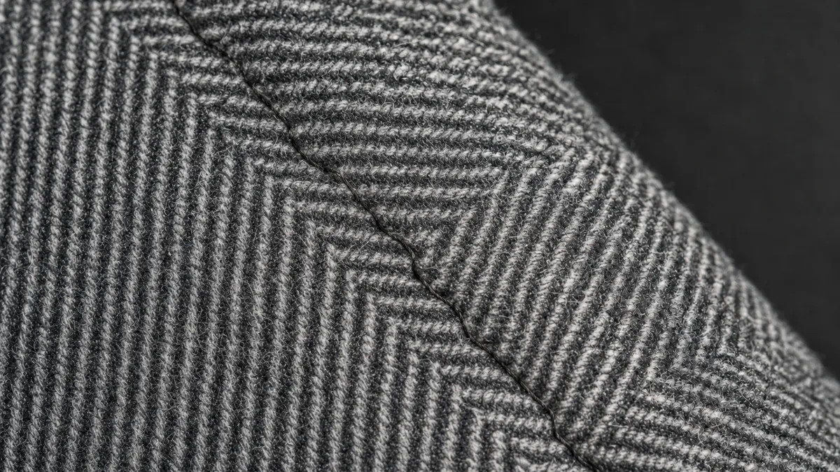 The same detail with typical replica flaws: crooked stitching, glue residue, rough edges