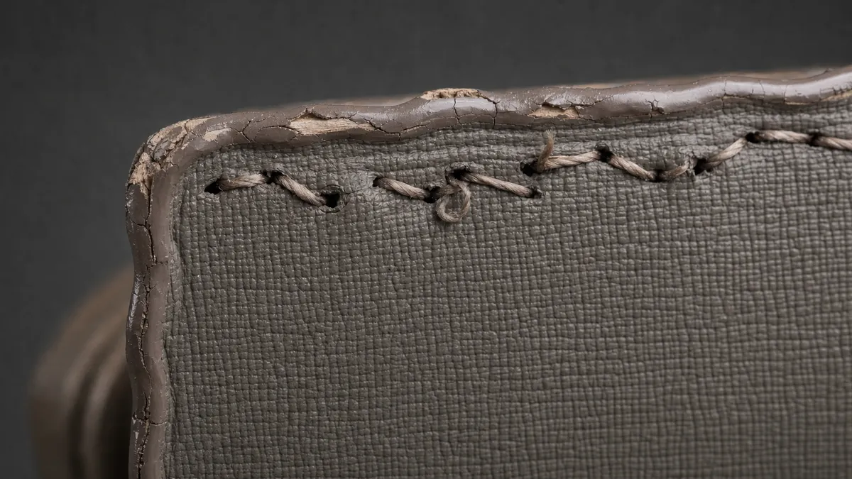 The same detail with typical replica flaws: crooked stitching, glue residue, rough edges