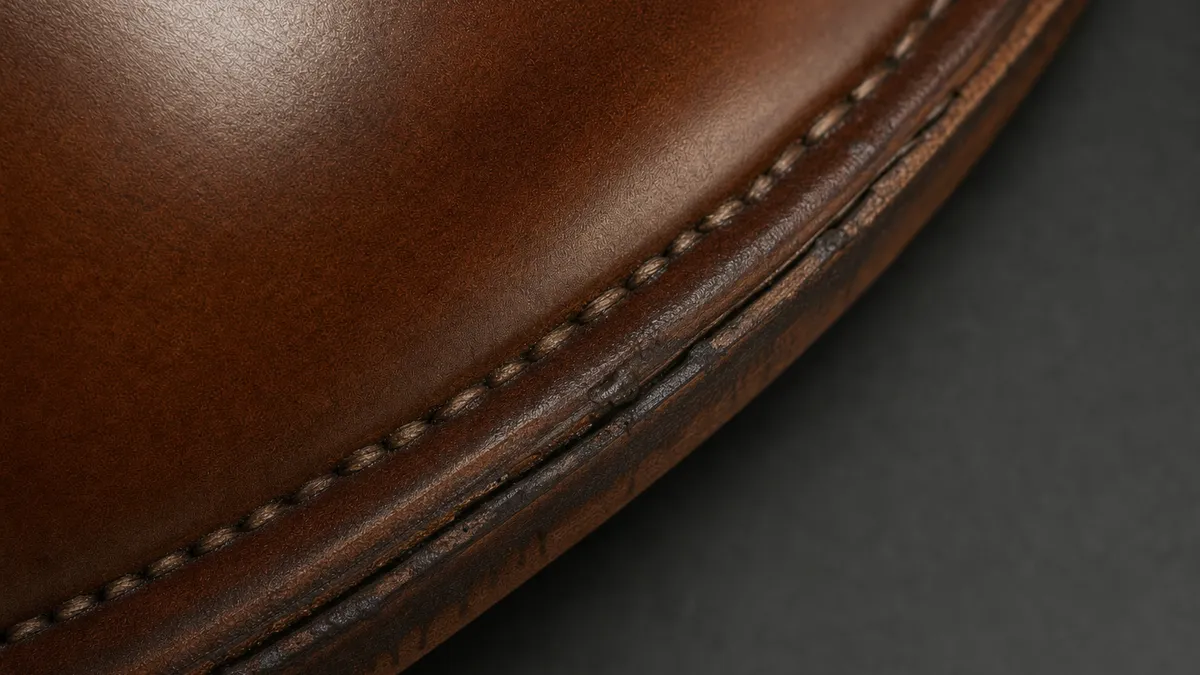The same detail with typical replica flaws: crooked stitching, glue residue, rough edges