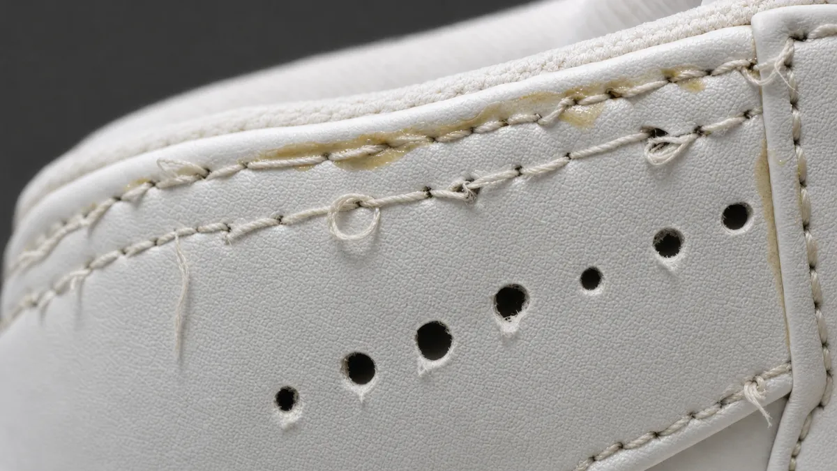 The same detail with typical replica flaws: crooked stitching, glue residue, rough edges
